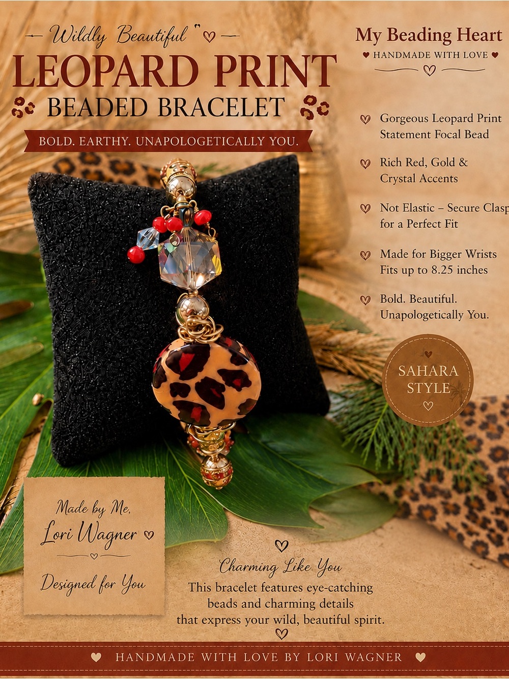 Wild Elegance Leopard Print Beaded Bracelet For Bigger Wrists